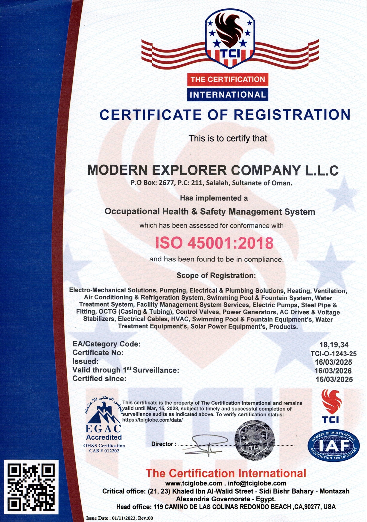Certificate for ISO 45001:2018 (Occupational Health & Safety)