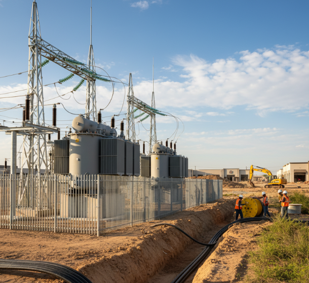 Electrical substation with workers laying underground high-voltage cables.