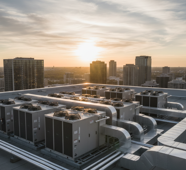 Large commercial HVAC chiller units on a rooftop.